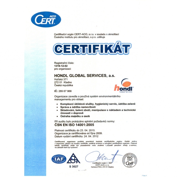 Certifikát ČSN EN ISO 14001:2005